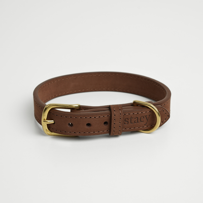 Grace dog collar in chestnut leather with a brass buckle