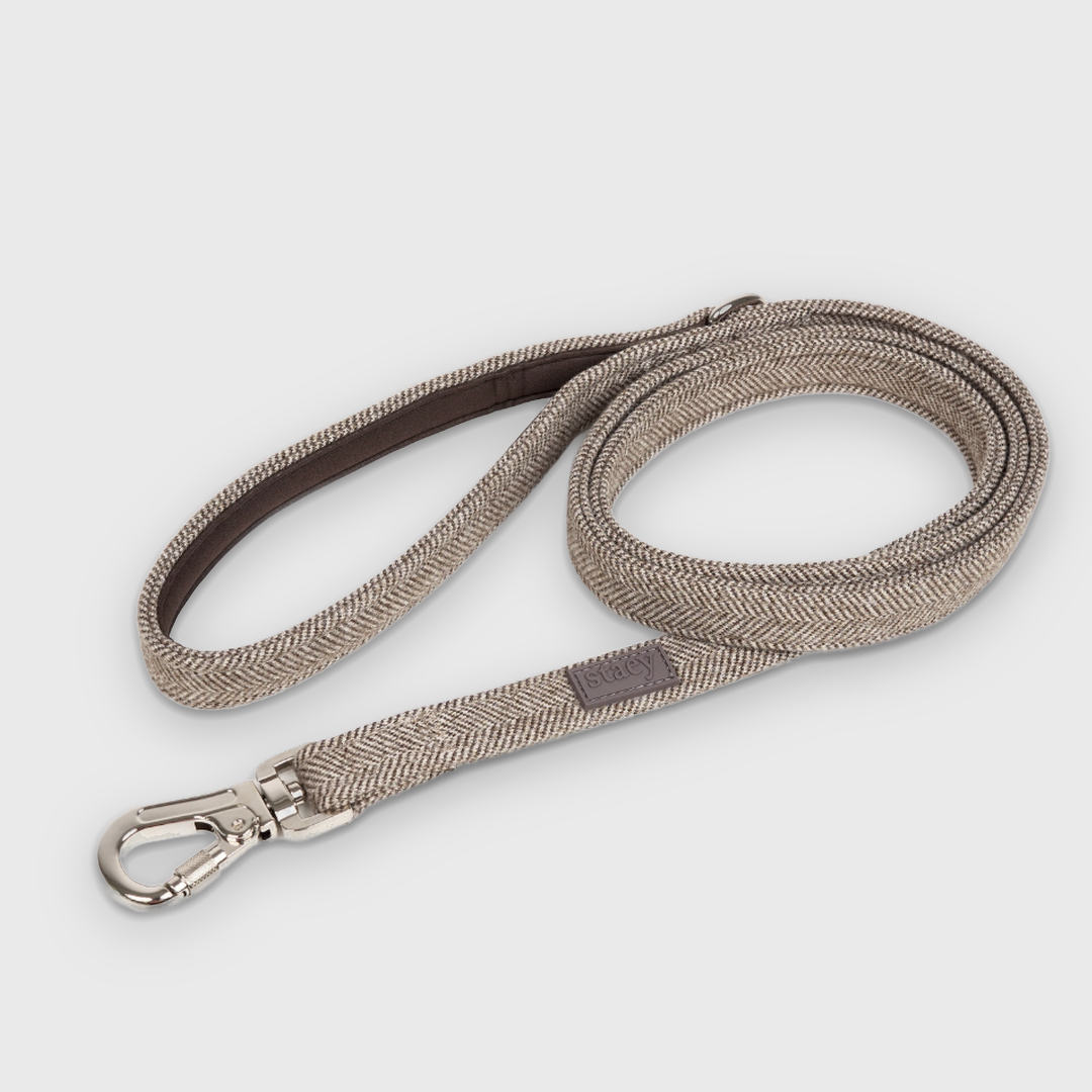 Elma dog leash in mocca herringbone, coiled with a steel snap hook