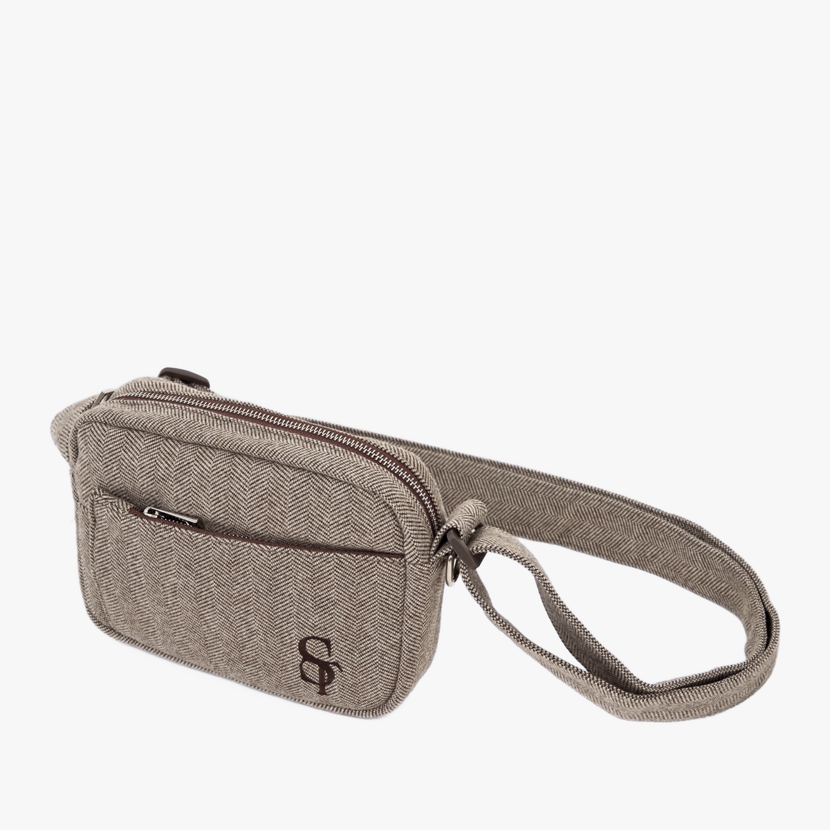 Elma walking bag in mocca herringbone with an adjustable shoulder strap