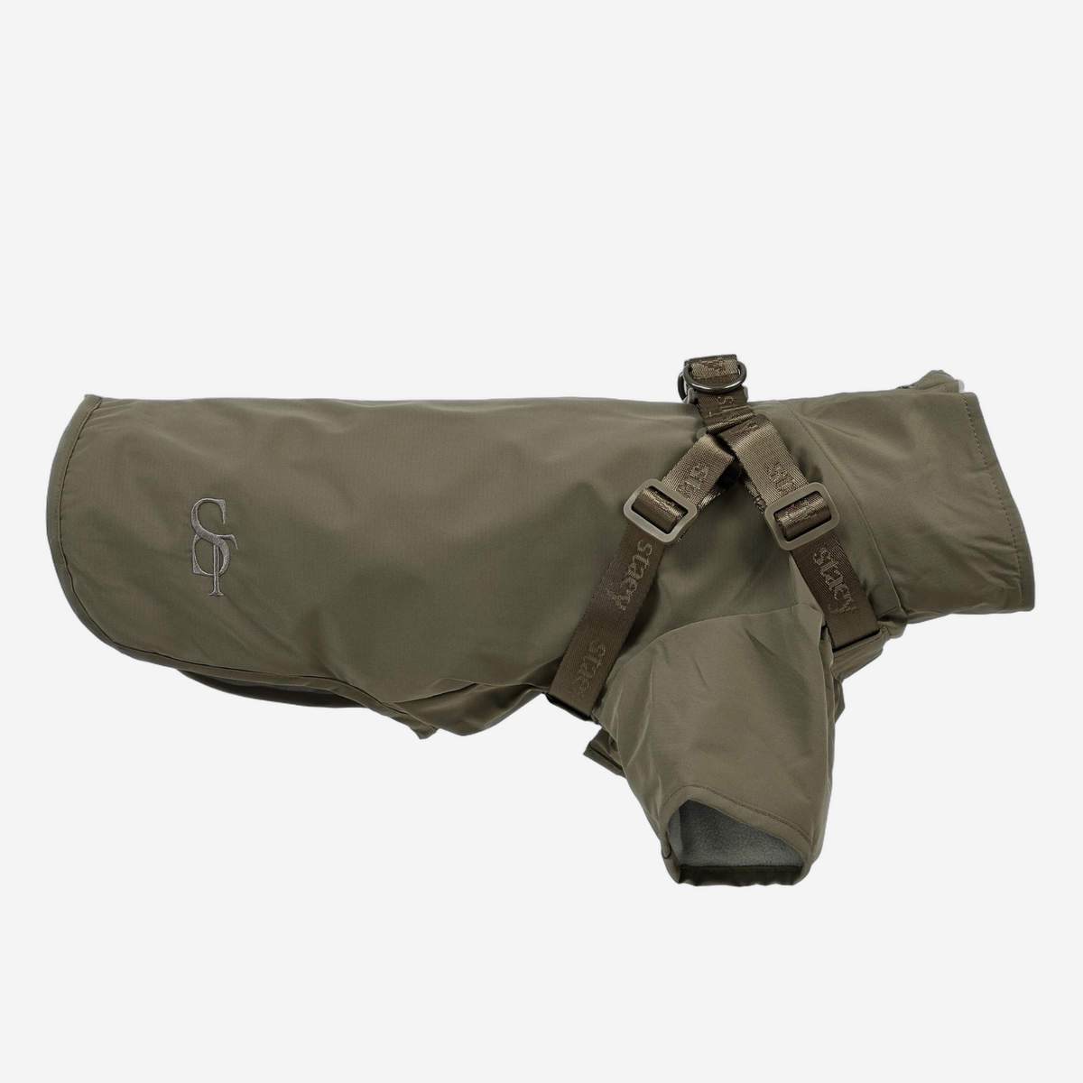 Leva dog rain coat in moss green with integrated harness, side view
