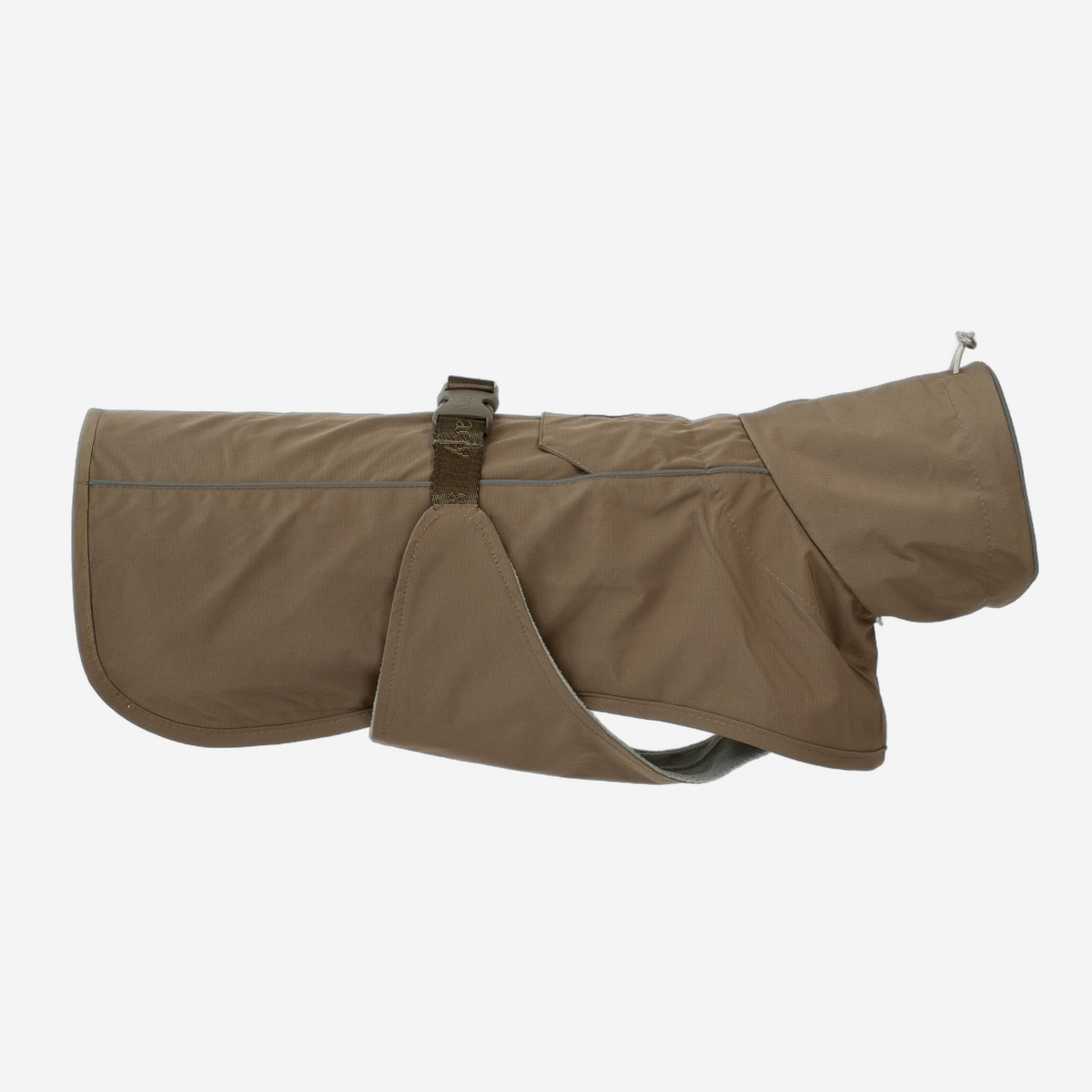 Uma dog rain coat in taupe with an adjustable belly strap, side view